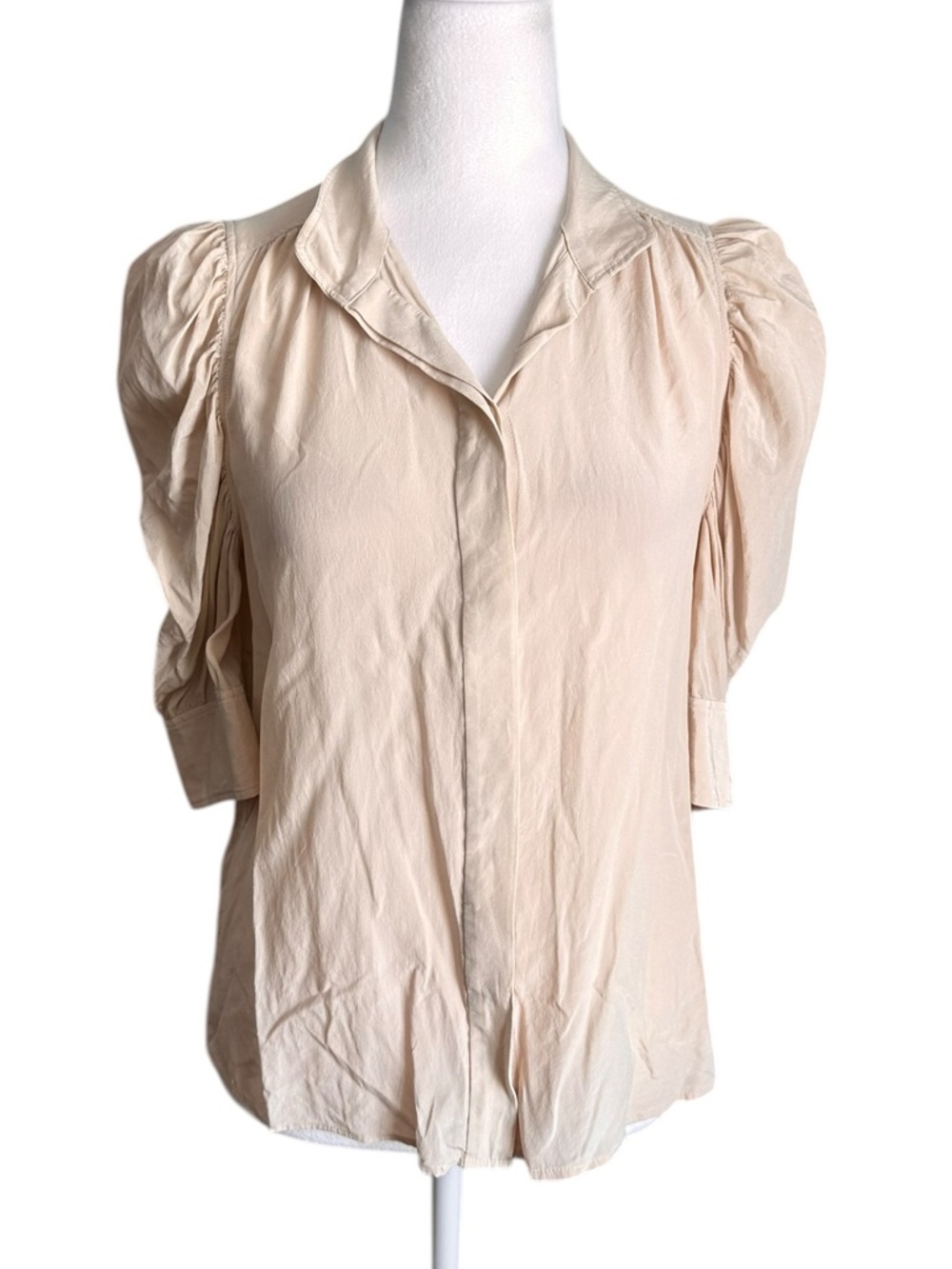 FRAME Gillian Top in Blush Silk Button Down Puff Sleeve Women's Blouse Size SP